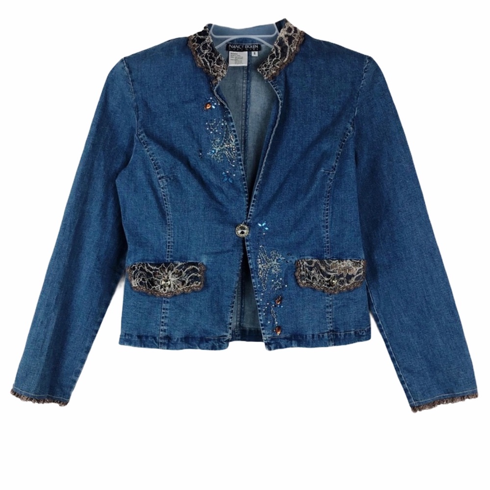 Vintage Nancy Bolen City Girl floral embellished cropped jean jacket boho